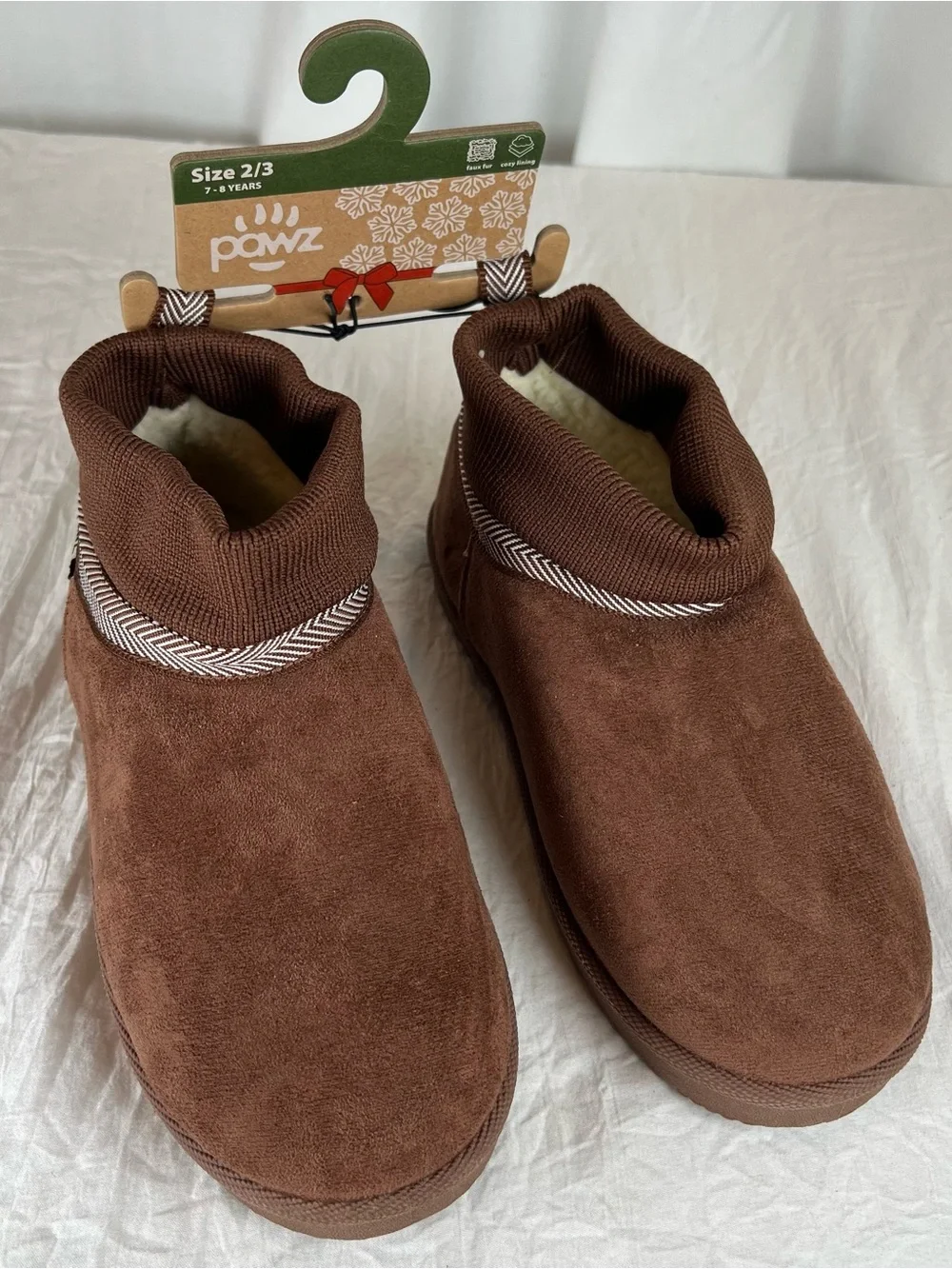PAWZ Youth sz2 Chocolate Brown Suede-Look Slip-On Ankle Bootie Slippers Cozy NEW